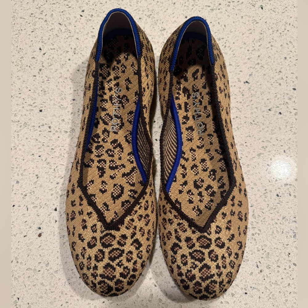 Rothy's Leopard Knit Flats with Royal Blue Trim